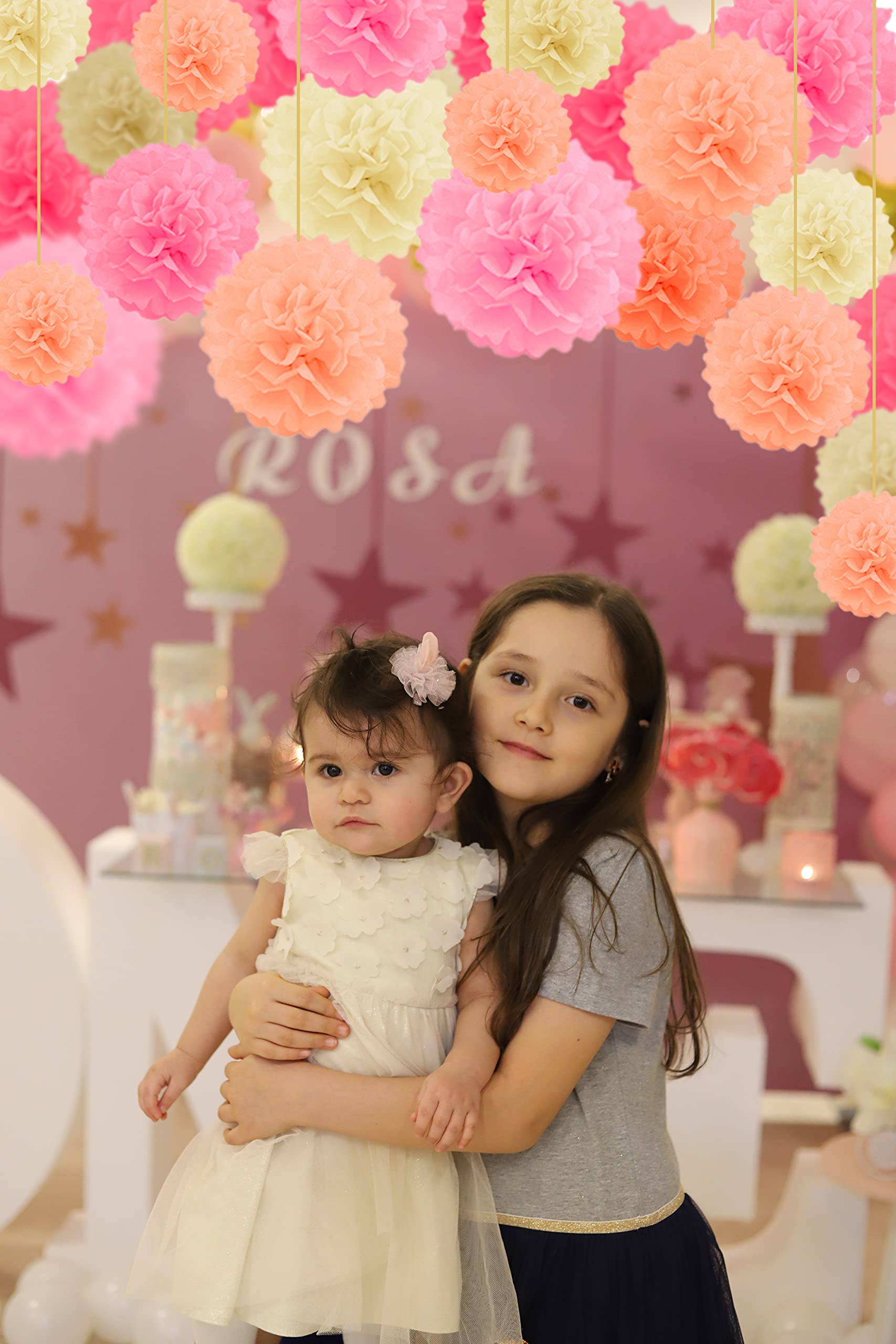 Pack Of 10 Tissue Paper Flower Ball Pom Pom Party Decoration Indoor Outdoor 6'' 8'' 10'' 12'' 14'' (Baby Pink, 14'')